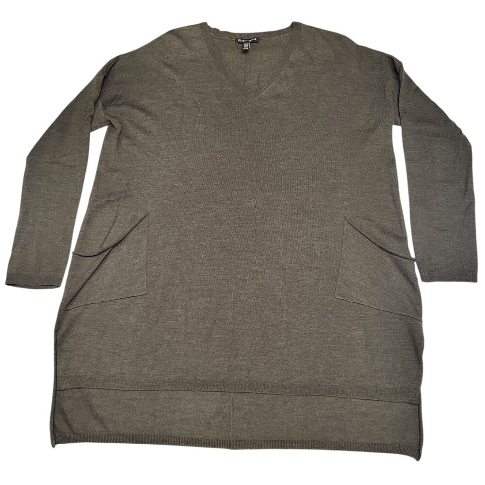 Eileen Fisher Merino Wool V-Neck Pocket Sweater Women's XS Dark Olive Green